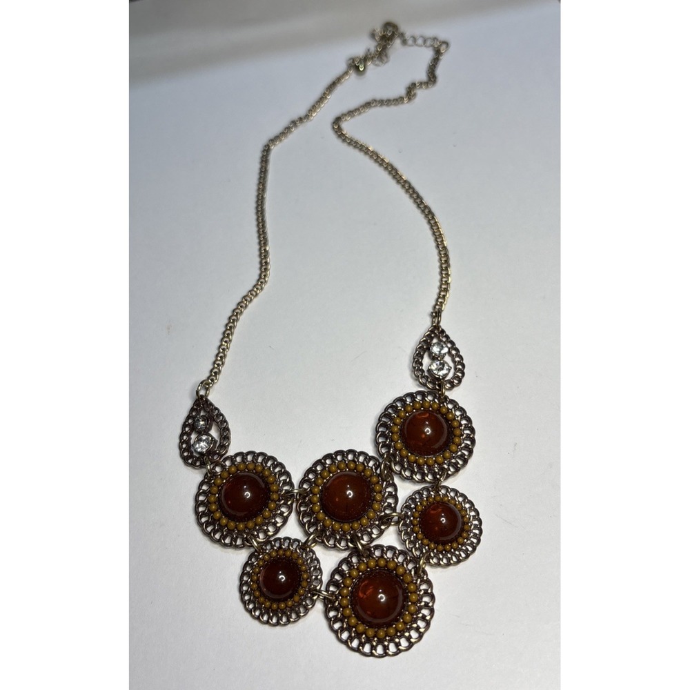 Courtney G Statement Necklace Brown Cabochon Mustard Beads Boho Bib Silver Tone